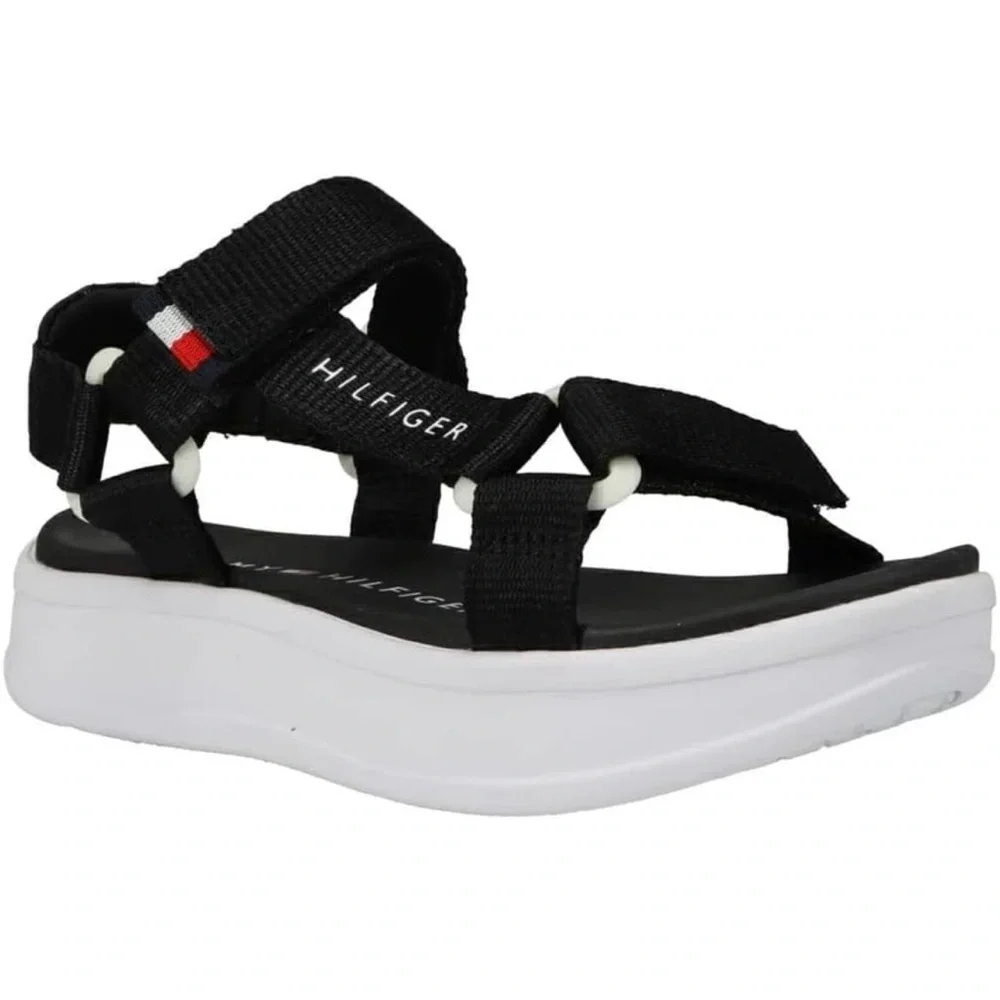 TOMMY HILFIGER Unisex Kids Th Leomi Utility Sandals Black/White US Size 2 NEW!🩴